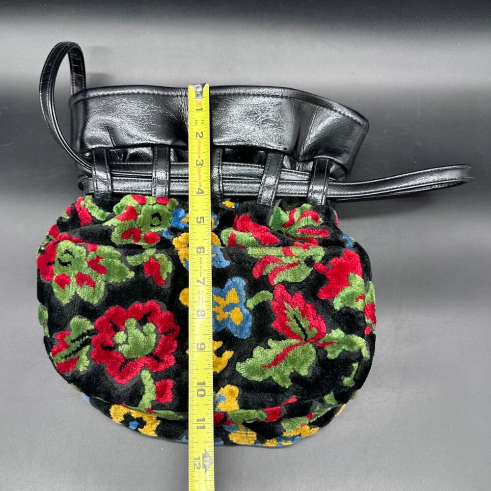 Vintage Purse Velveteen Floral Tapestry Bucket Bag Drawstring 1940s Black Red - Picture 10 of 11